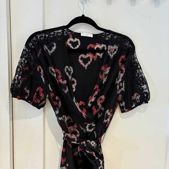 Sandro Black 100% Silk Floral Heart Print Midi Dress Small - Picture 4 of 14